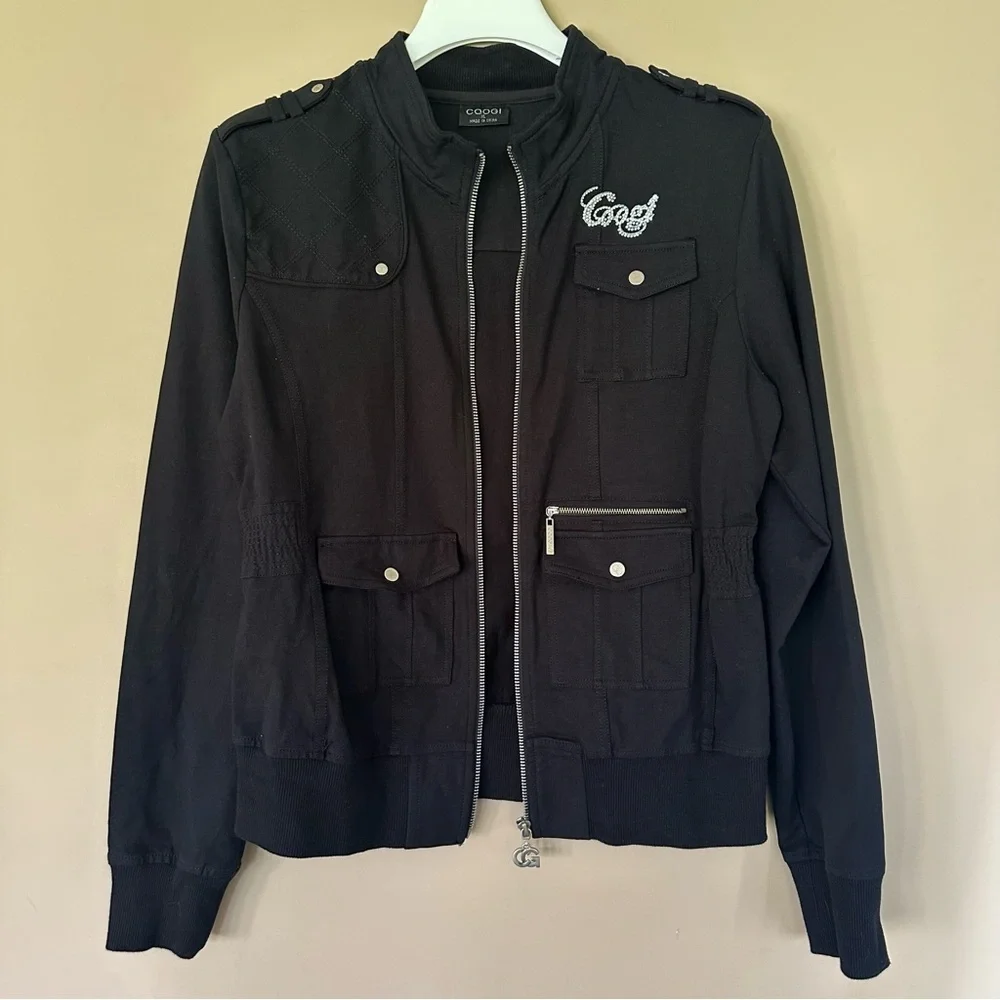 Coogi Black Sparkle Bomber Jacket Girls XL Spell Out Bling Embellished Military